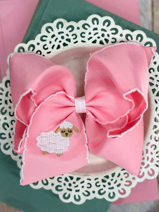 Little Lamb Embroidered Light Pink Moonstitch Hair Bow