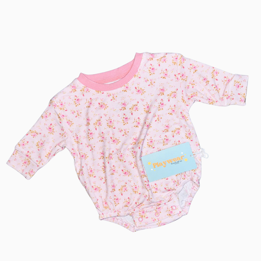 Pink Ribbed Floral Bamboo Bubble Romper | 0-3m, 2T