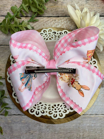 Vintage Easter Bunny Scalloped Gingham Hair Bow