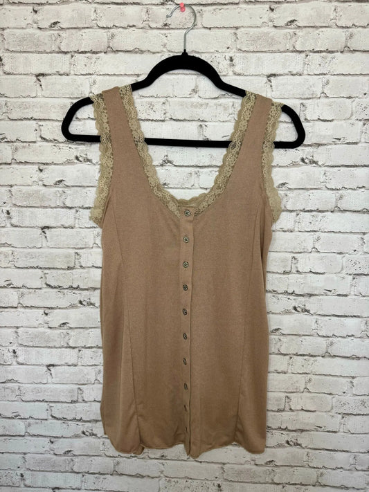 Taupe Lace-Trim Button Tank
