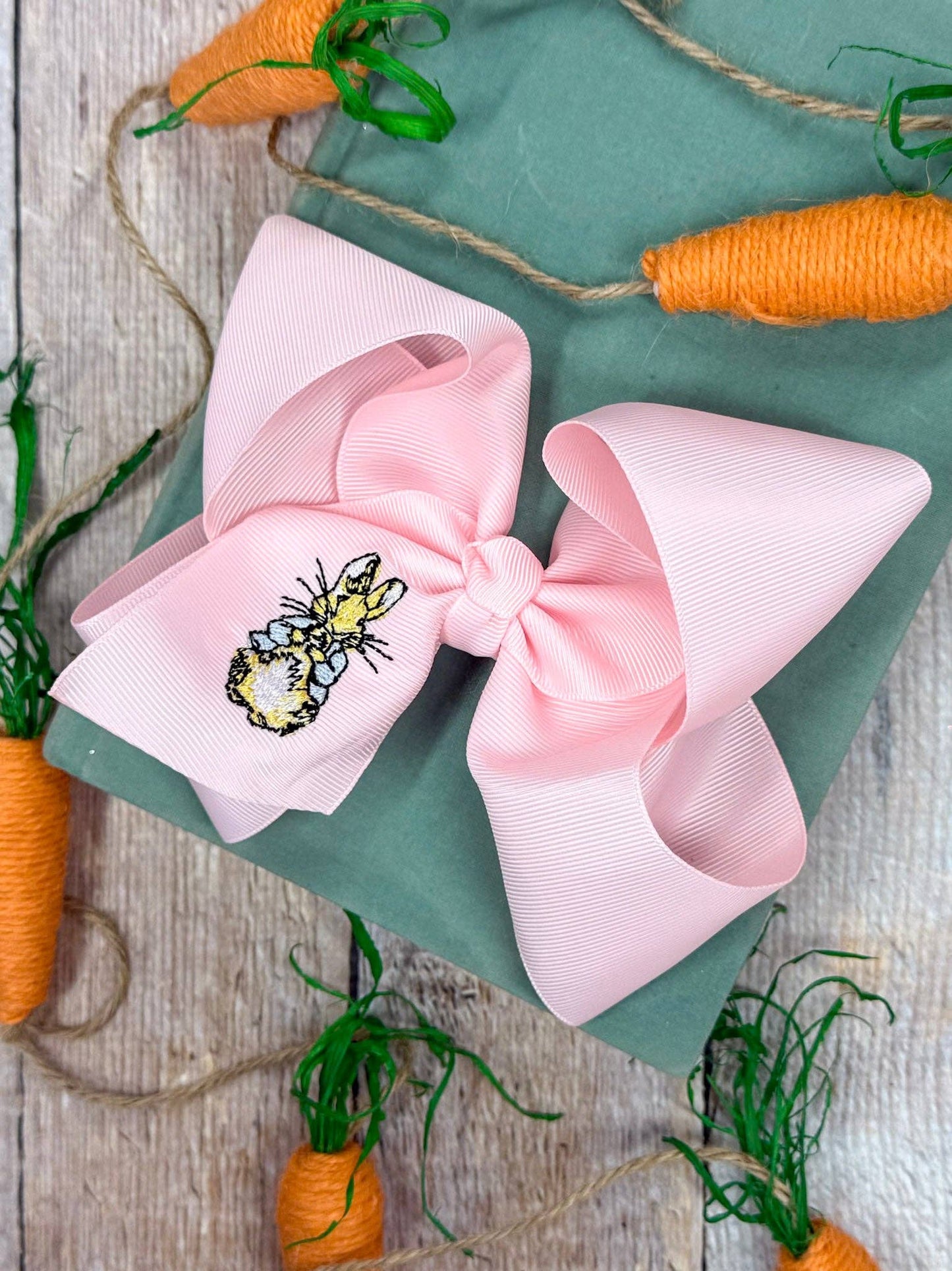 Peter Cottontail Embroidered Light Pink 5.5" Bow