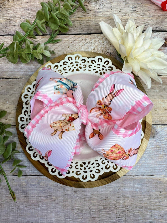 Vintage Easter Bunny Scalloped Gingham Hair Bow
