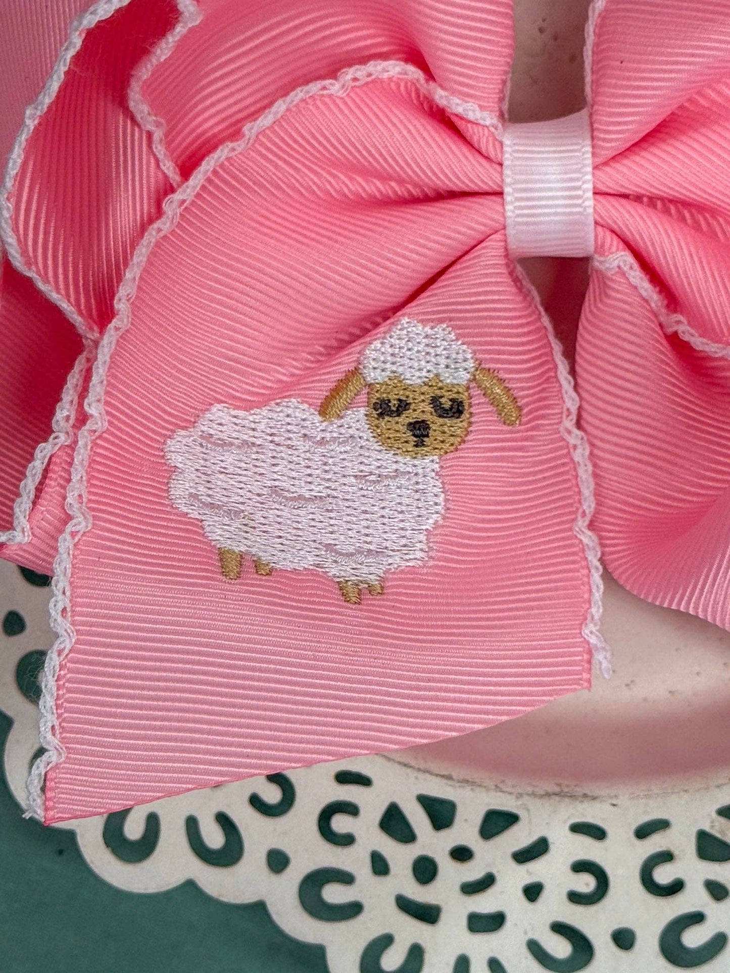 Little Lamb Embroidered Light Pink Moonstitch Hair Bow