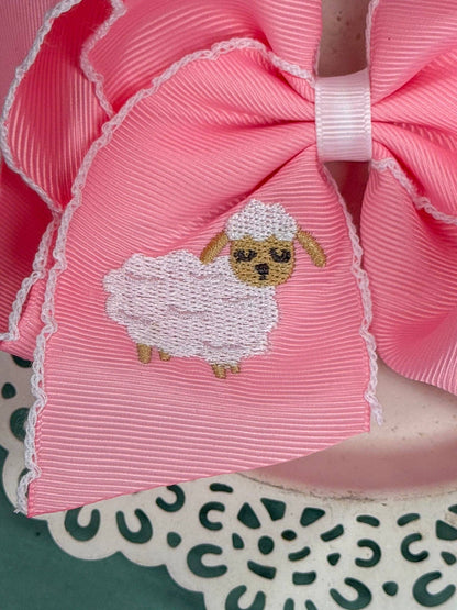 Little Lamb Embroidered Light Pink Moonstitch Hair Bow
